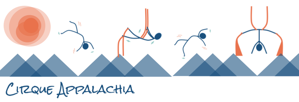 Cirque Appalachia banner with acrobats on orange silks and tumbling above blue mountains